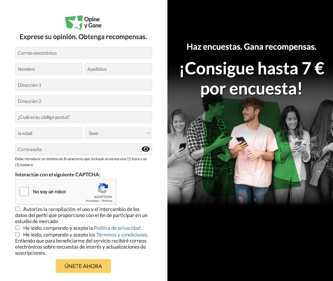 Formulario de registro de la página de encuestas Opine y Gane
