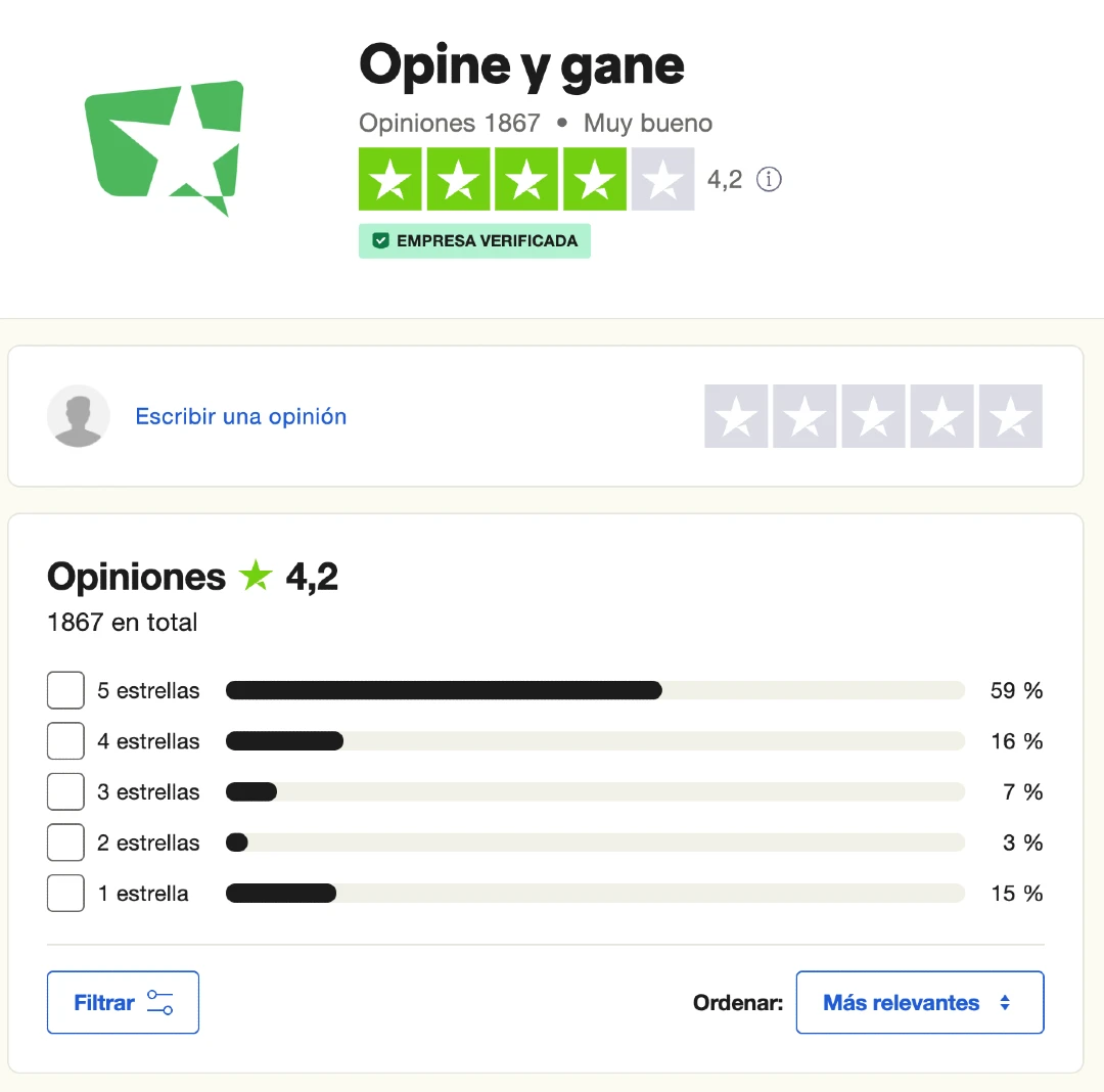 Opiniones en TrustPilot de Opine y Gane
